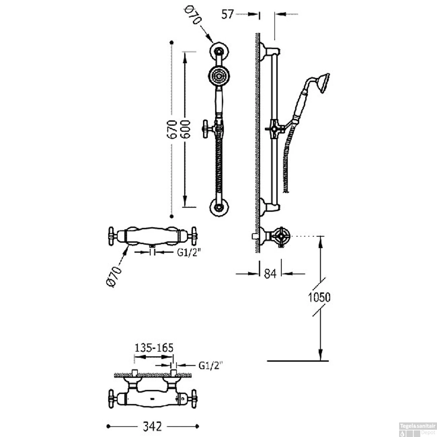 Douchekraan Tres Clasic Thermostatisch Set Incl. Glijstang En Handdouche Verouderd Messing - Afbeelding 2