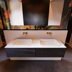 Badkamermeubelset Mondiaz Erin 150 Cm Met 2 Lades Met RIDGE Wastafel Dubbel Talc Zonder Kraangaten Greeploos Mat Antracite