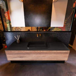 Badkamermeubelset Mondiaz Erin 150 Cm Met 1 Lade Met RIDGE Wastafel Midden Urban Zonder Kraangaten Greeploos Mat Dark Brown Grey