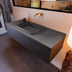 Badkamermeubelset Mondiaz Erin 120 Cm Met 1 Lade Met RIDGE Wastafel Midden Dark Grey Zonder Kraangaten Greeploos Mat Dark Brown -Duravit Verkoop erin dark brown ridge dark grey top 0006