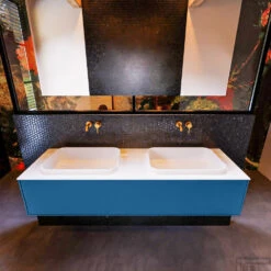 Badkamermeubelset Mondiaz Erin 150 Cm Met 1 Lade Met RIDGE Wastafel Dubbel Talc Zonder Kraangaten Greeploos Mat Jeans