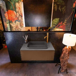 Badkamermeubelset Mondiaz Erin 80 Cm Met 1 Lade Met RIDGE Wastafel Midden Dark Grey Met 1 Kraangat Greeploos Mat Rust