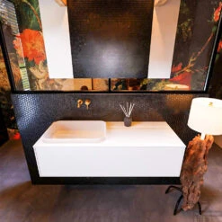 Badkamermeubelset Mondiaz Erin 120 Cm Met 1 Lade Met RIDGE Wastafel Links Talc Zonder Kraangaten Greeploos Mat Talc