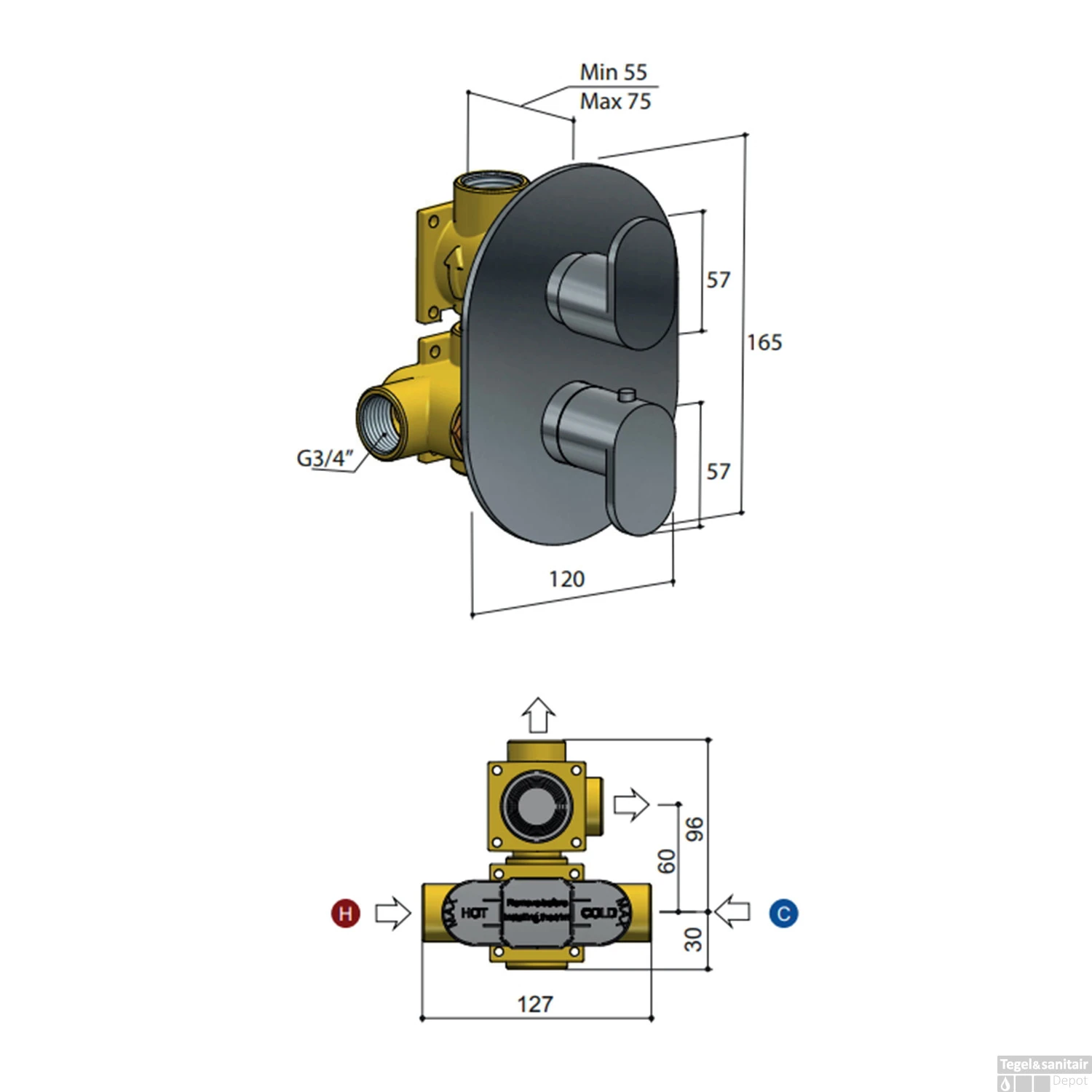 Inbouw Thermostaatkraan Hotbath Friendo 2-weg Geborsteld Nikkel 3 Inbouw Thermostaatkraan Hotbath Friendo 2-weg Geborsteld Nikkel - Afbeelding 3