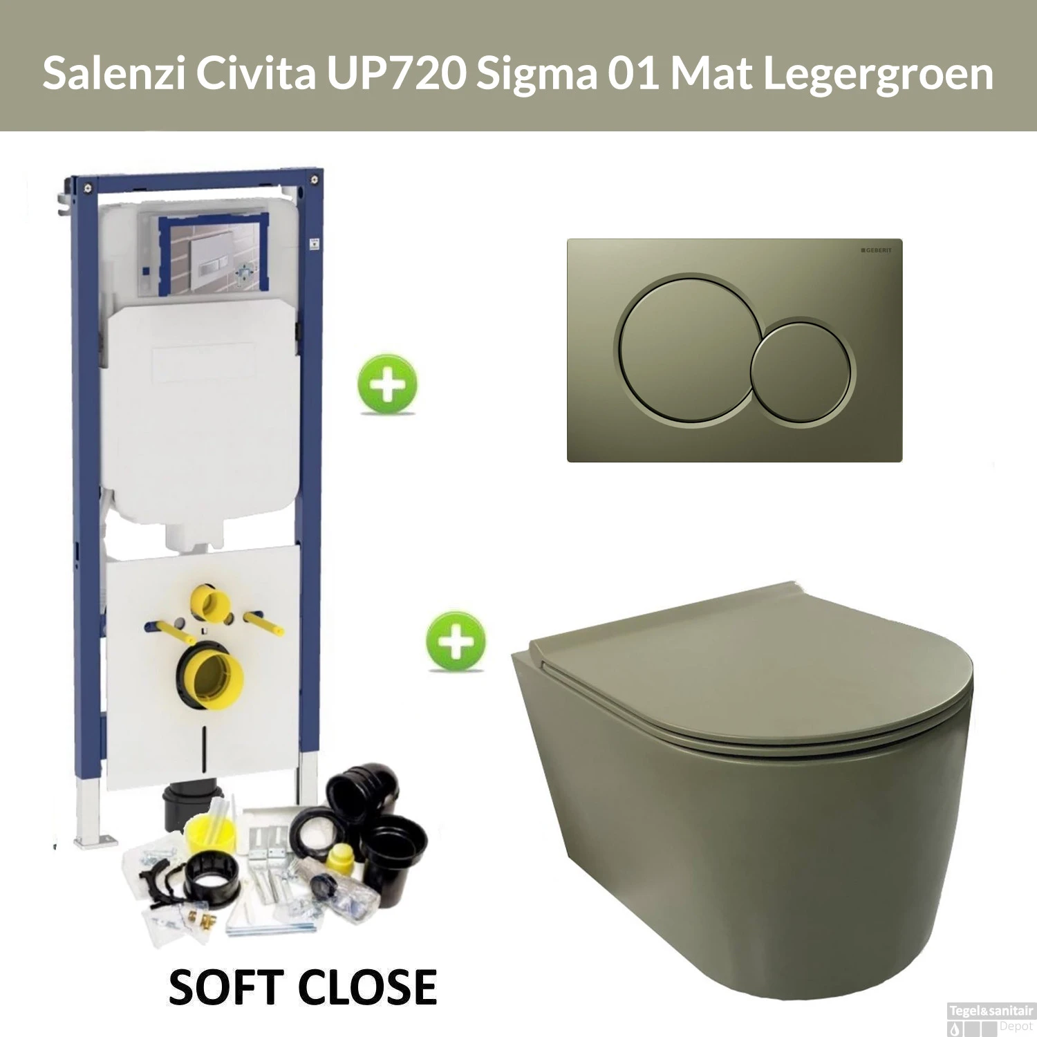 Geberit UP720 Toiletset Wandcloset Salenzi Civita Mat Legergroen Met Sigma 01 Drukplaat
