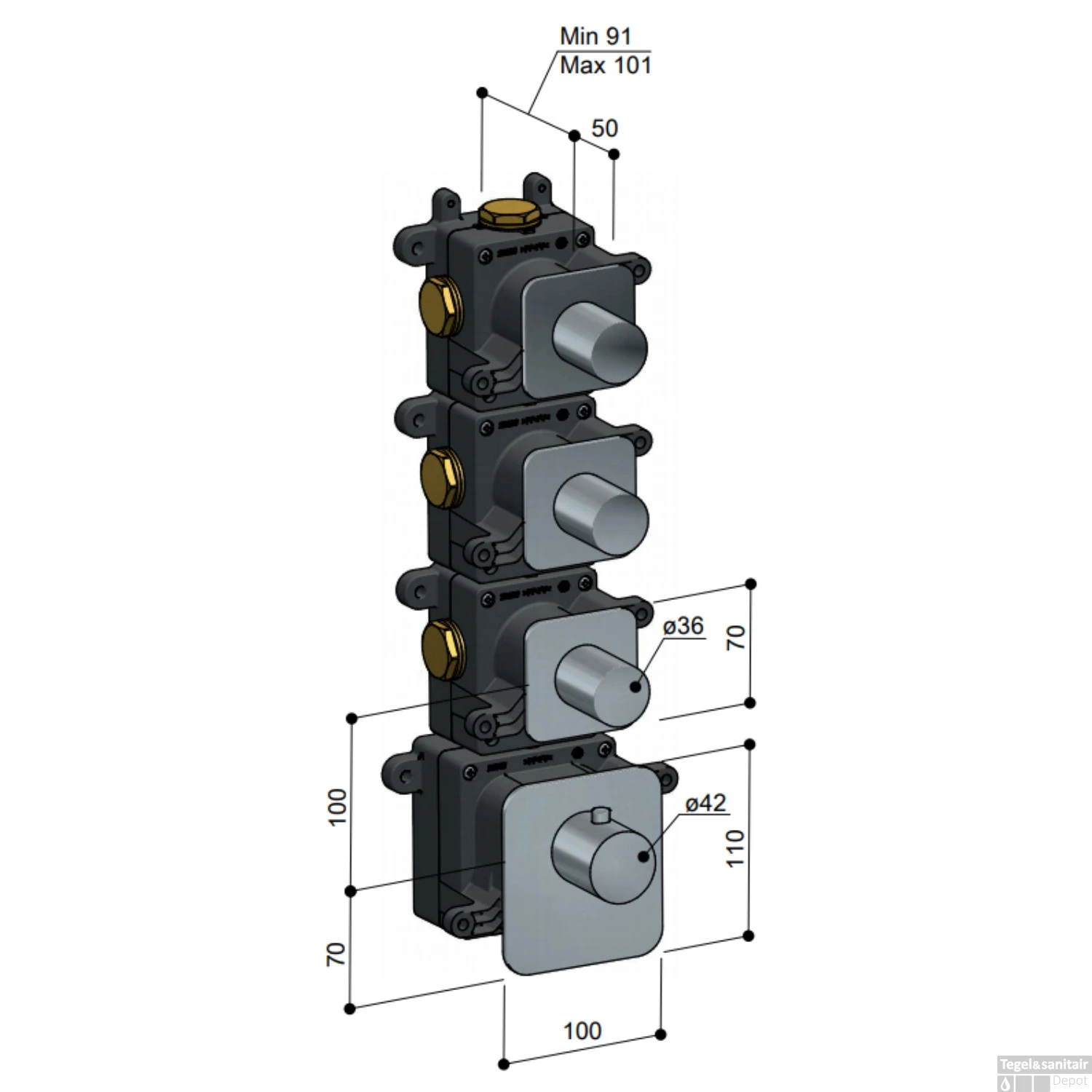 Thermostaat Hotbath Gal High Flow Met 3 Stopkranen Geborsteld Messing PVD - Afbeelding 2