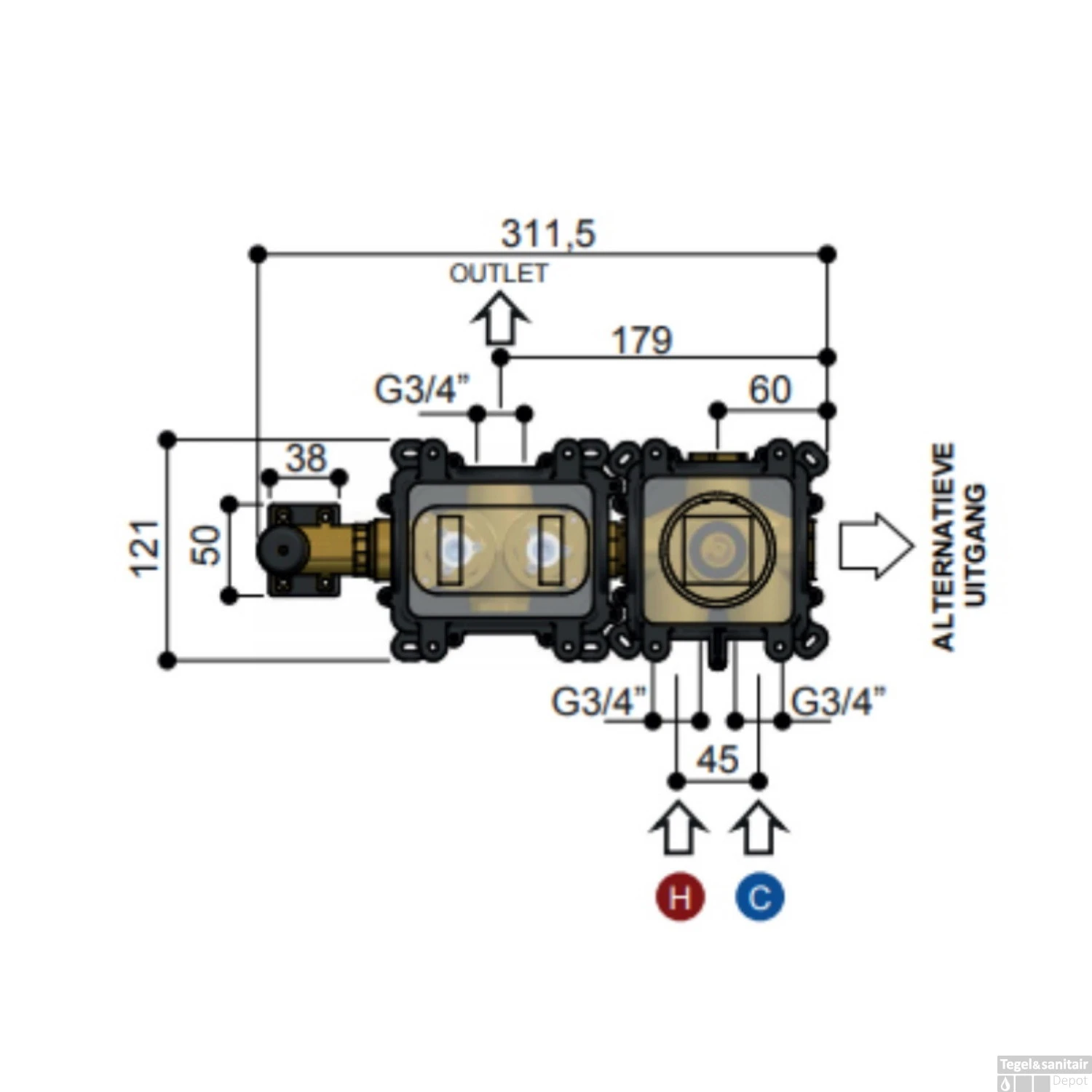 Inbouwdeel Hotbath Gal Voor Inbouwthermostaat Met 2 Pushbuttons 2 Inbouwdeel Hotbath Gal Voor Inbouwthermostaat Met 2 Pushbuttons - Afbeelding 2