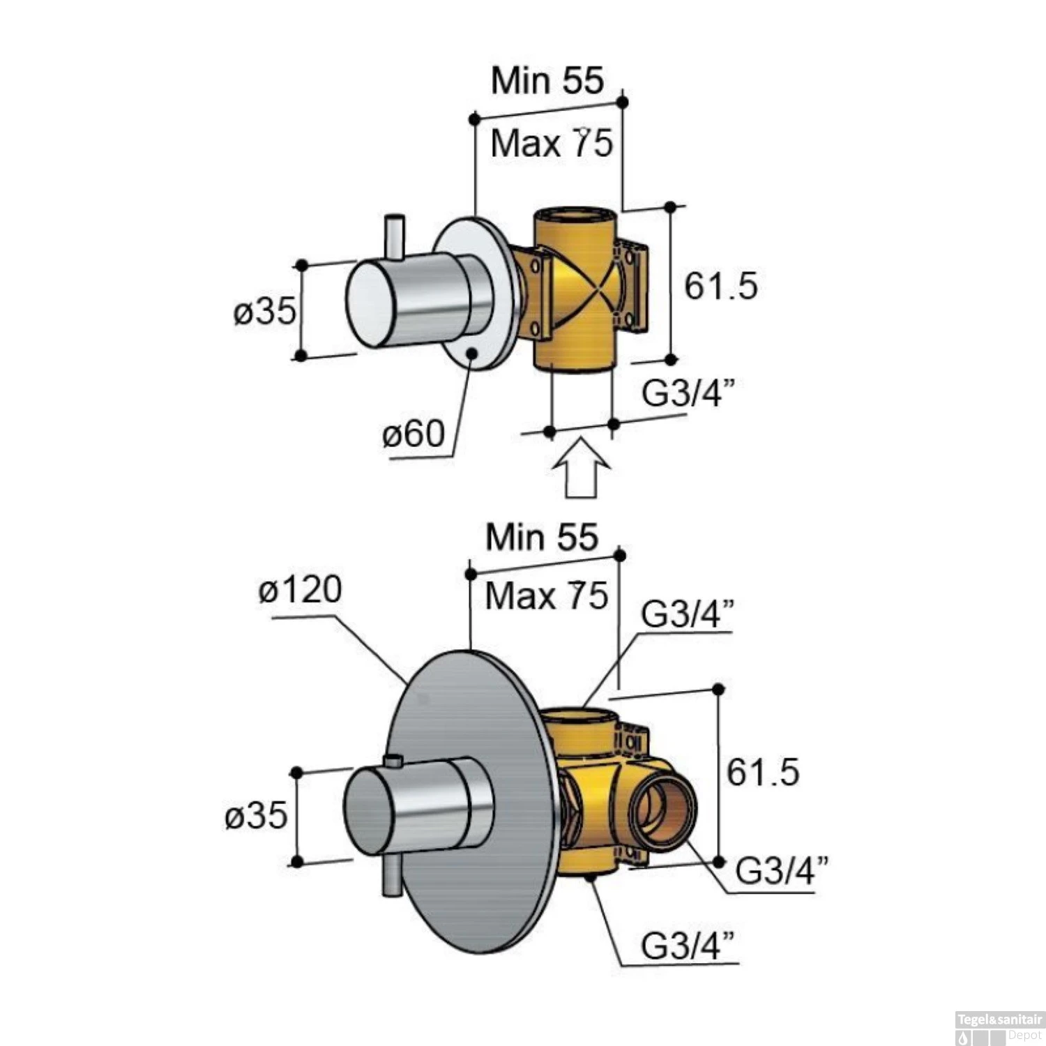 Inbouw Douchekraan Hotbath Laddy Thermostaat Met Stopkraan Rond Geborsteld Nikkel - Afbeelding 3
