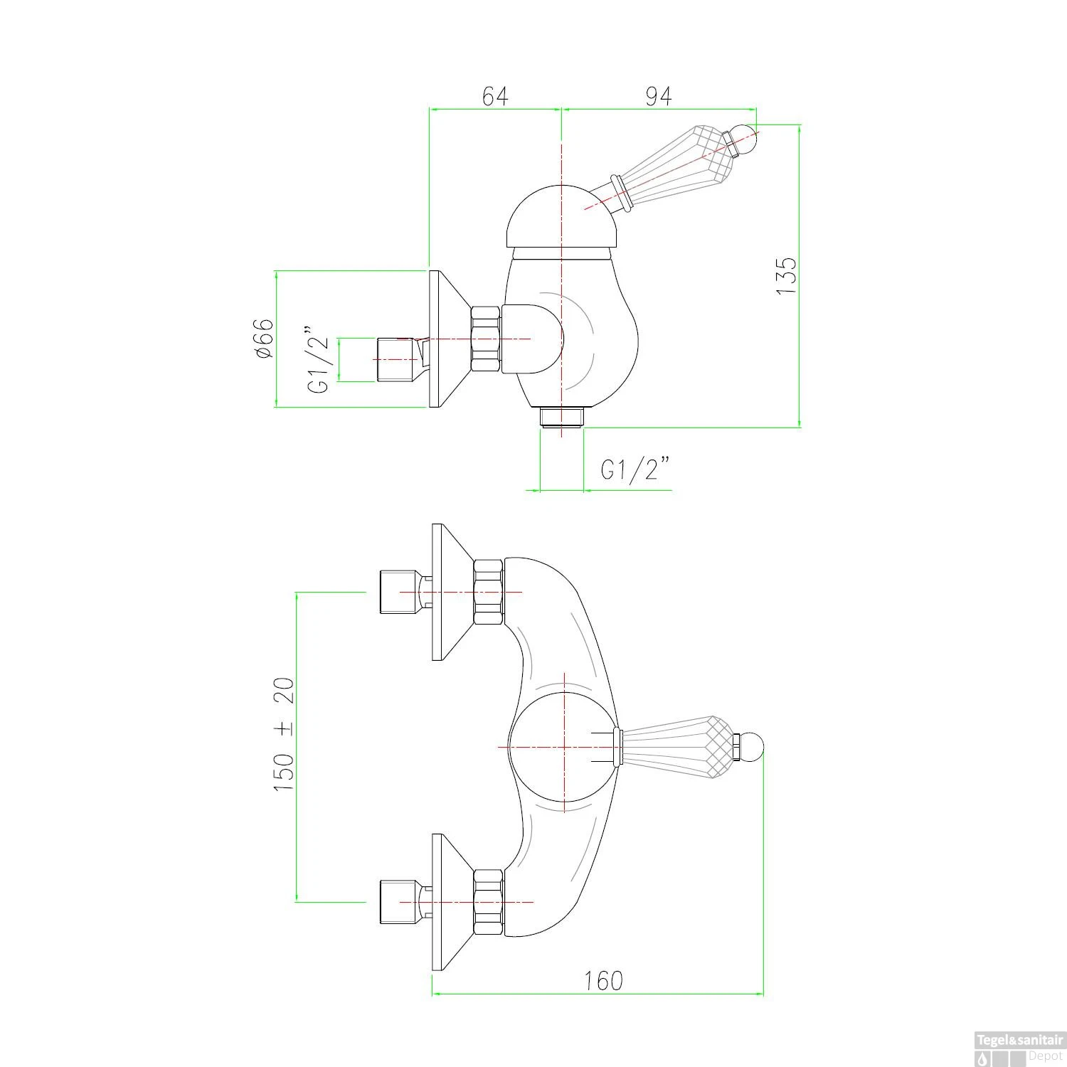 Opbouw Douchekraan Sapho Kirké Mengkraan Retro Kristal 1-hendel Goud 3 Opbouw Douchekraan Sapho Kirké Mengkraan Retro Kristal 1-hendel Goud - Afbeelding 3