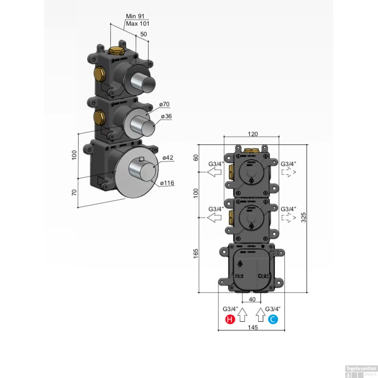 Hotbath Inbouwbox Mate High Flow Met 2 Stopkranen RVS 316 2 Hotbath Inbouwbox Mate High Flow Met 2 Stopkranen RVS 316 - Afbeelding 2