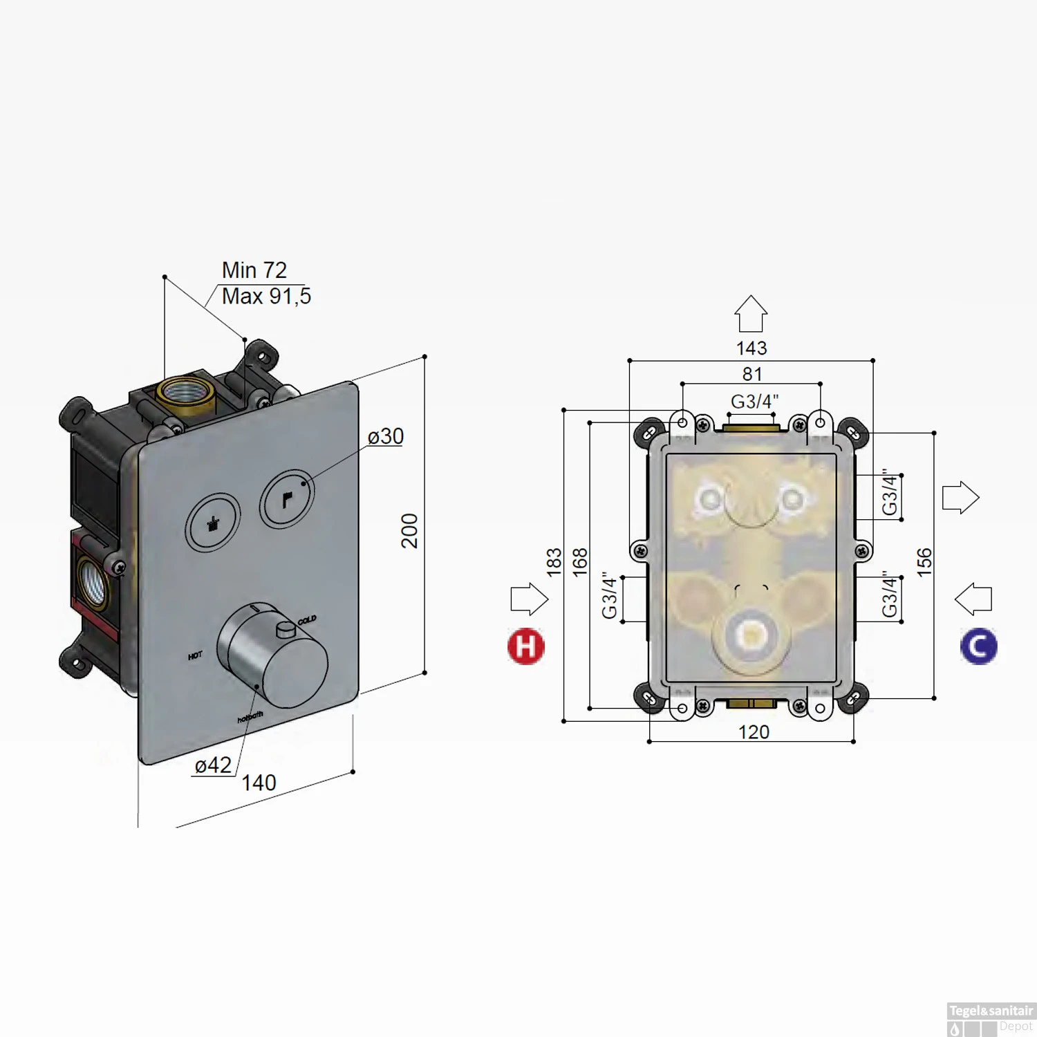 Douchethermostaat Hotbath Cobber Inbouw 2 Pushbuttons Vierkant Geborsteld Messing (excl. Inbouwdeel) - Afbeelding 3