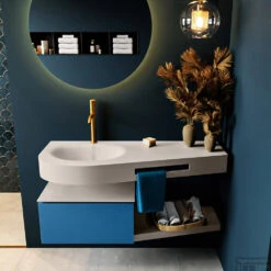 MONDIAZ RIVA 120cm Badmeubel Onderkast / Planchet Kleur Jeans Met 1 Lade. Wastafel DULCET Links 1 Kraangat Kleur Linen.