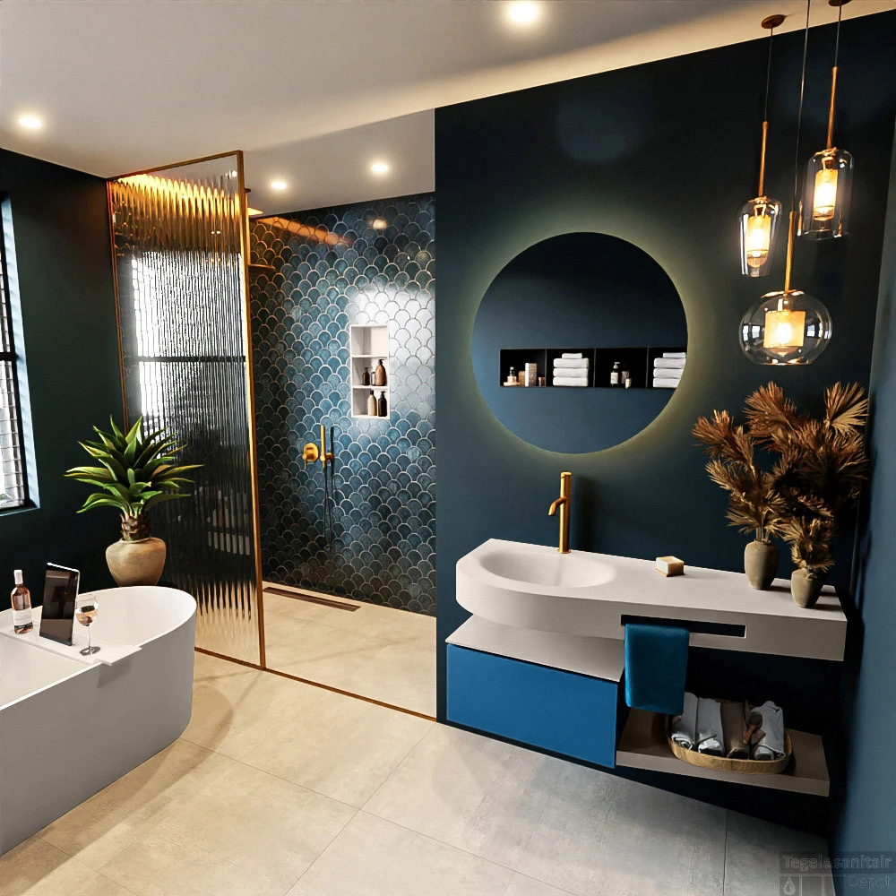 MONDIAZ RIVA 120cm Badmeubel Onderkast / Planchet Kleur Jeans Met 1 Lade. Wastafel DULCET Links 1 Kraangat Kleur Linen. 2 MONDIAZ RIVA 120cm Badmeubel Onderkast / Planchet Kleur Jeans Met 1 Lade. Wastafel DULCET Links 1 Kraangat Kleur Linen. - Afbeelding 2