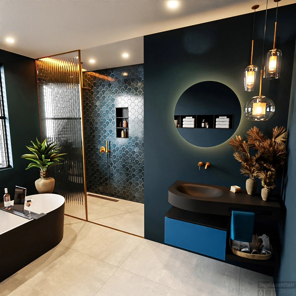 MONDIAZ RIVA 100cm Badmeubel Onderkast / Planchet Kleur Jeans Met 1 Lade. Wastafel DULCET Links 0 Kraangaten Kleur Urban. 2 MONDIAZ RIVA 100cm Badmeubel Onderkast / Planchet Kleur Jeans Met 1 Lade. Wastafel DULCET Links 0 Kraangaten Kleur Urban. - Afbeelding 2