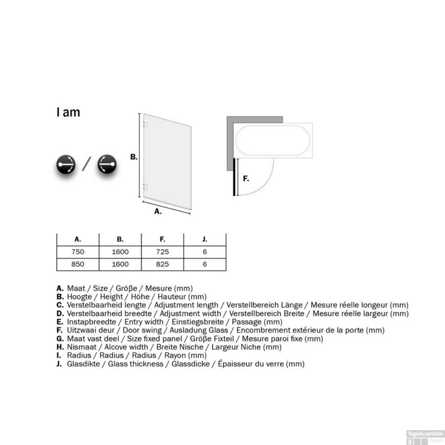 Badwand By Sealskin 'I AM' 75x160 Cm Mat Zwart 1 Deel Helder Antikalk Glas - Afbeelding 4