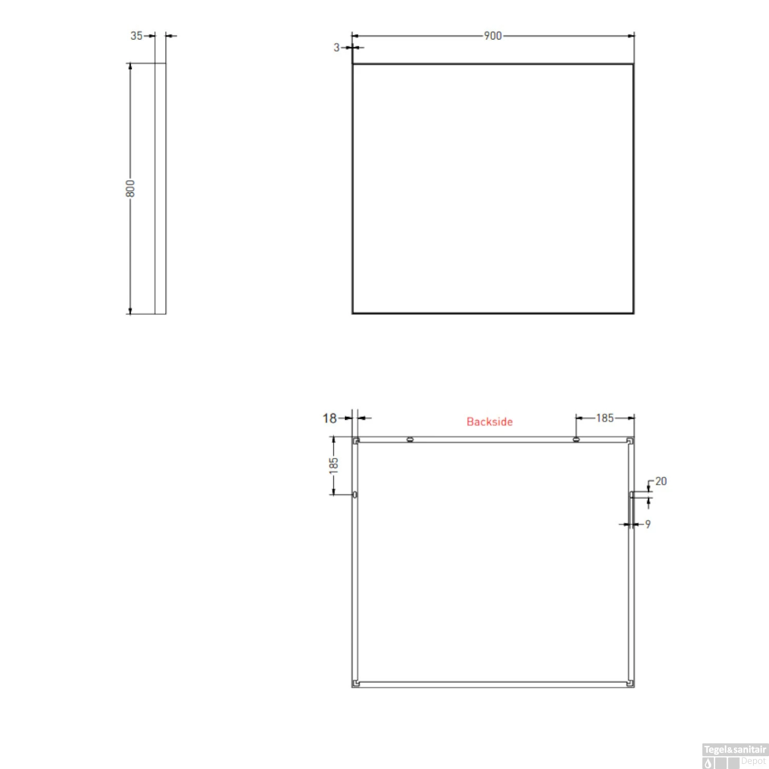 Spiegel Ink SP18 Rechthoek In Stalen Kader 90 X 4 X 80 Cm Mat Zwart - Afbeelding 2