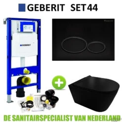 Geberit UP320 Toiletset Compleet | Inbouwreservoir | Civita Black Randloos Mat Zwart | Set 44 Met Drukplaat