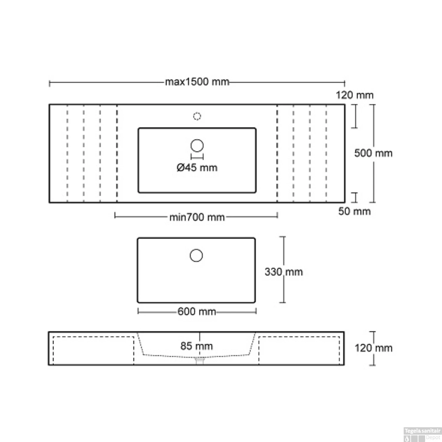 Opzet Wastafel Urbi Et Orbi Plura Uni 130 Beton 130x50x12 Cm Lichtgrijs - Afbeelding 3