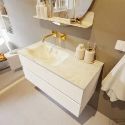 MONDIAZ VICA-DLUX 100cm Badmeubel Onderkast Talc 2 Lades. Inbouw Wastafel CLOUD Links Zonder Kraangat, Kleur Frappe, En Spiegel Model SPOT -Duravit Verkoop vica dluxe inbouw cloud frappe talc side1 0009 12507514522005