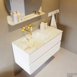 MONDIAZ VICA-DLUX 100cm Badmeubel Onderkast Talc 2 Lades. Inbouw Wastafel CLOUD Links Zonder Kraangat, Kleur Frappe, En Spiegel Model SPOT -Duravit Verkoop vica dluxe inbouw cloud frappe talc side2 0009 12507514522006