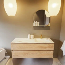 MONDIAZ VICA-DLUX 130cm Badmeubel Onderkast Washed Oak 2 Lades. Inbouw Wastafel CLOUD Rechts 1 Kraangat, Kleur Frappe, En Spiegel Model SPOT -Duravit Verkoop vica dluxe inbouw cloud frappe washed oak front1 0034