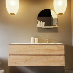 MONDIAZ VICA-DLUX 130cm Badmeubel Onderkast Washed Oak 2 Lades. Inbouw Wastafel CLOUD Rechts 1 Kraangat, Kleur Frappe, En Spiegel Model SPOT -Duravit Verkoop vica dluxe inbouw cloud frappe washed oak front2 0034