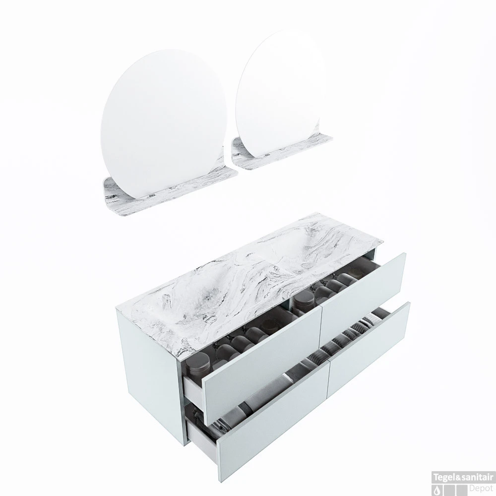 MONDIAZ VICA-DLUX 130cm Badmeubel Onderkast Clay 4 Lades. Inbouw Wastafel CLOUD Dubbel Zonder Kraangat, Kleur Glace, En Spiegel Model SPOT 4 MONDIAZ VICA-DLUX 130cm Badmeubel Onderkast Clay 4 Lades. Inbouw Wastafel CLOUD Dubbel Zonder Kraangat, Kleur Glace, En Spiegel Model SPOT - Afbeelding 4