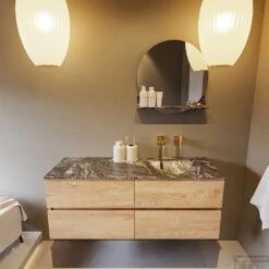 MONDIAZ VICA-DLUX 130cm Badmeubel Onderkast Washed Oak 4 Lades. Inbouw Wastafel CLOUD Rechts Zonder Kraangat, Kleur Lava. -Duravit Verkoop vica dluxe inbouw cloud lava washed oak front1 0051