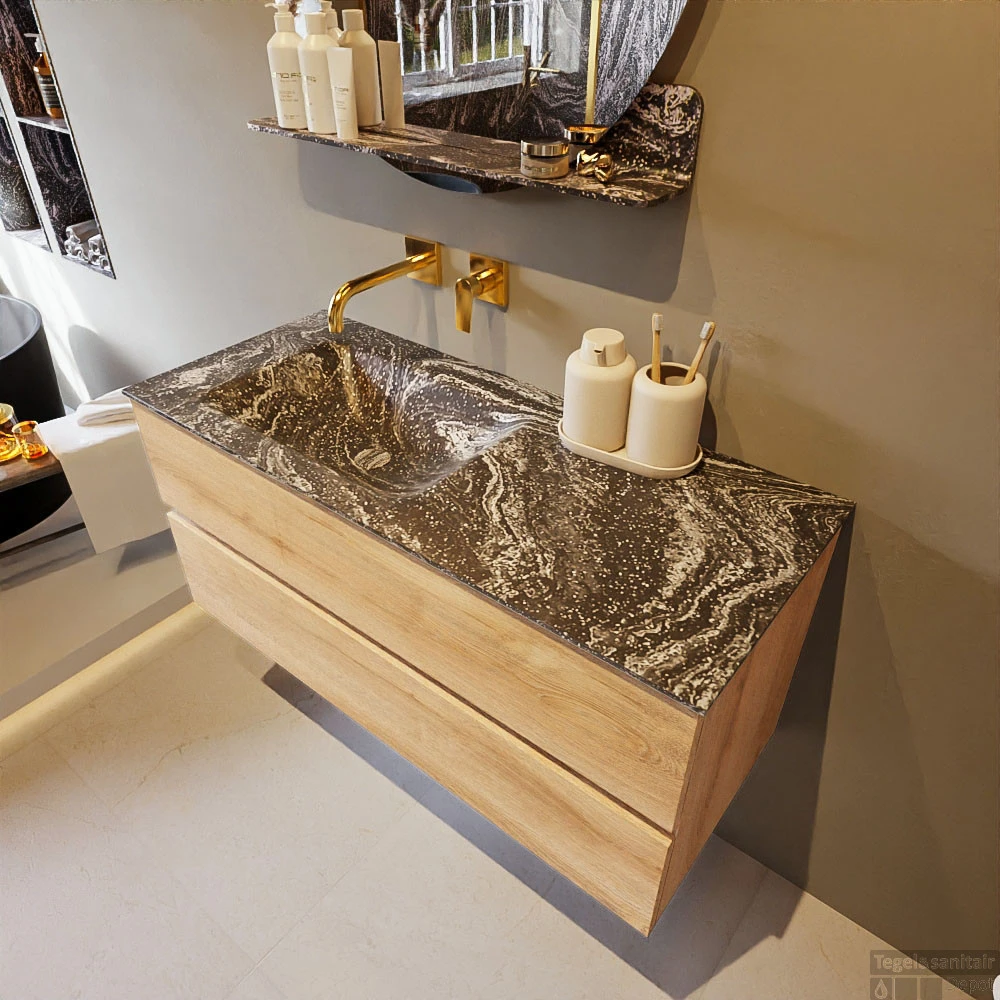 MONDIAZ VICA-DLUX 110cm Badmeubel Onderkast Washed Oak 2 Lades. Inbouw Wastafel CLOUD Links Zonder Kraangat, Kleur Lava, En Spiegel Model SPOT 3 MONDIAZ VICA-DLUX 110cm Badmeubel Onderkast Washed Oak 2 Lades. Inbouw Wastafel CLOUD Links Zonder Kraangat, Kleur Lava, En Spiegel Model SPOT - Afbeelding 3