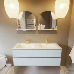 MONDIAZ VICA-DLUX 130cm Badmeubel Onderkast Clay 2 Lades. Inbouw Wastafel CLOUD Dubbel 2 Kraangaten, Kleur Opalo, En Spiegel Model SPOT -Duravit Verkoop vica dluxe inbouw cloud opalo clay front1 0035