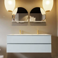 MONDIAZ VICA-DLUX 130cm Badmeubel Onderkast Clay 2 Lades. Inbouw Wastafel CLOUD Dubbel 2 Kraangaten, Kleur Opalo, En Spiegel Model SPOT -Duravit Verkoop vica dluxe inbouw cloud opalo clay front2 0035