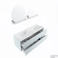 MONDIAZ VICA-DLUX 130cm Badmeubel Onderkast Clay 2 Lades. Inbouw Wastafel CLOUD Dubbel 2 Kraangaten, Kleur Opalo, En Spiegel Model SPOT -Duravit Verkoop vica dluxe inbouw cloud opalo clay sp google 3 0035