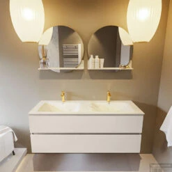 MONDIAZ VICA-DLUX 130cm Badmeubel Onderkast Linen 2 Lades. Inbouw Wastafel CLOUD Dubbel 2 Kraangaten, Kleur Opalo, En Spiegel Model SPOT -Duravit Verkoop vica dluxe inbouw cloud opalo linen front1 0035