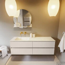 MONDIAZ VICA-DLUX 150cm Badmeubel Onderkast Linen 4 Lades. Inbouw Wastafel CLOUD Links Zonder Kraangat, Kleur Opalo, En Spiegel Model SPOT -Duravit Verkoop vica dluxe inbouw cloud opalo linen front1 0056