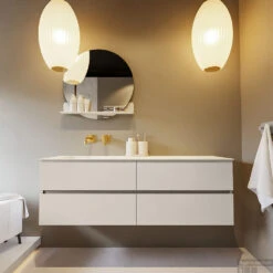 MONDIAZ VICA-DLUX 150cm Badmeubel Onderkast Linen 4 Lades. Inbouw Wastafel CLOUD Links Zonder Kraangat, Kleur Opalo, En Spiegel Model SPOT -Duravit Verkoop vica dluxe inbouw cloud opalo linen front2 0056