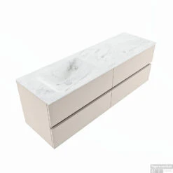 MONDIAZ VICA-DLUX 150cm Badmeubel Onderkast Linen 4 Lades. Inbouw Wastafel CLOUD Links Zonder Kraangat, Kleur Opalo, En Spiegel Model SPOT