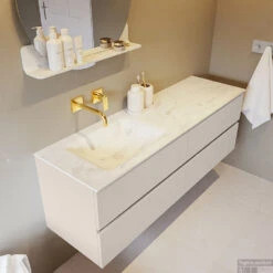 MONDIAZ VICA-DLUX 150cm Badmeubel Onderkast Linen 4 Lades. Inbouw Wastafel CLOUD Links Zonder Kraangat, Kleur Opalo, En Spiegel Model SPOT -Duravit Verkoop vica dluxe inbouw cloud opalo linen side2 0056 13132514382029