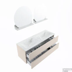 MONDIAZ VICA-DLUX 130cm Badmeubel Onderkast Linen 2 Lades. Inbouw Wastafel CLOUD Dubbel 2 Kraangaten, Kleur Opalo, En Spiegel Model SPOT -Duravit Verkoop vica dluxe inbouw cloud opalo linen sp google 3 0035