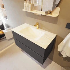 MONDIAZ VICA-DLUX 90cm Badmeubel Onderkast Dark Grey 2 Lades. Inbouw Wastafel CLOUD Midden 1 Kraangat, Kleur Ostra, En Spiegel Model SPOT -Duravit Verkoop vica dluxe inbouw cloud ostra dark grey side1 0007 13132514383649