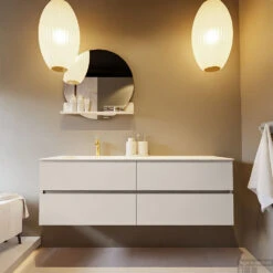 MONDIAZ VICA-DLUX 150cm Badmeubel Onderkast Linen 4 Lades. Inbouw Wastafel CLOUD Links 1 Kraangat, Kleur Ostra, En Spiegel Model SPOT -Duravit Verkoop vica dluxe inbouw cloud ostra linen front2 0059