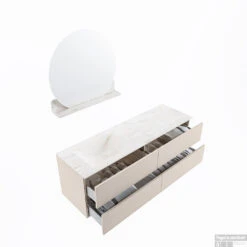 MONDIAZ VICA-DLUX 150cm Badmeubel Onderkast Linen 4 Lades. Inbouw Wastafel CLOUD Links 1 Kraangat, Kleur Ostra, En Spiegel Model SPOT -Duravit Verkoop vica dluxe inbouw cloud ostra linen sp google 3 0059