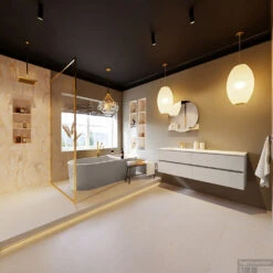 MONDIAZ VICA-DLUX 150cm Badmeubel Onderkast Linen 4 Lades. Inbouw Wastafel CLOUD Links 1 Kraangat, Kleur Ostra, En Spiegel Model SPOT -Duravit Verkoop vica dluxe inbouw cloud ostra linen totaal 0059 13132514384141