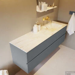 MONDIAZ VICA-DLUX 150cm Badmeubel Onderkast Plata 2 Lades. Inbouw Wastafel CLOUD Rechts Zonder Kraangat, Kleur Ostra, En Spiegel Model SPOT -Duravit Verkoop vica dluxe inbouw cloud ostra plata side2 0038 13132514387648