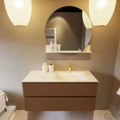 MONDIAZ VICA-DLUX 110cm Badmeubel Onderkast Rust 2 Lades. Inbouw Wastafel CLOUD Rechts 1 Kraangat, Kleur Ostra, En Spiegel Model SPOT -Duravit Verkoop vica dluxe inbouw cloud ostra rust front1 0019