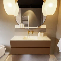 MONDIAZ VICA-DLUX 130cm Badmeubel Onderkast Rust 2 Lades. Inbouw Wastafel CLOUD Midden Zonder Kraangat, Kleur Ostra, En Spiegel Model SPOT -Duravit Verkoop vica dluxe inbouw cloud ostra rust front1 0028