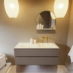 MONDIAZ VICA-DLUX 120cm Badmeubel Onderkast Smoke 2 Lades. Inbouw Wastafel CLOUD Rechts Zonder Kraangat, Kleur Ostra. -Duravit Verkoop vica dluxe inbouw cloud ostra smoke front1 0022