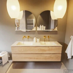 MONDIAZ VICA-DLUX 150cm Badmeubel Onderkast Washed Oak 2 Lades. Inbouw Wastafel CLOUD Dubbel Zonder Kraangat, Kleur Ostra, En Spiegel Model SPOT -Duravit Verkoop vica dluxe inbouw cloud ostra washed oak front1 0039