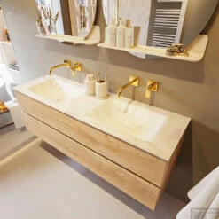 MONDIAZ VICA-DLUX 150cm Badmeubel Onderkast Washed Oak 2 Lades. Inbouw Wastafel CLOUD Dubbel Zonder Kraangat, Kleur Ostra, En Spiegel Model SPOT -Duravit Verkoop vica dluxe inbouw cloud ostra washed oak side1 0039 13132514383203