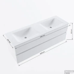 MONDIAZ VICA 140cm Badmeubel Onderkast Jeans 2 Lades. Wastafel CLOUD Dubbel 2 Kraangaten, Kleur Talc Met Spiegel LED. -Duravit Verkoop vicadluxe140cmdoublemaattekening 11276264471473