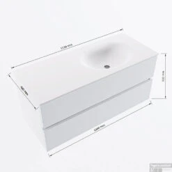 MONDIAZ VICA 110cm Badmeubel Onderkast Fire 2 Lades. Wastafel Moon Rechts 1 Kraangat, Kleur Talc Met Spiegel LED. -Duravit Verkoop vicamoon110rechts2maattekening 12526264451386